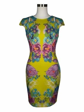 Yellow Floral Sheath Mini Dress with Multicolor Print